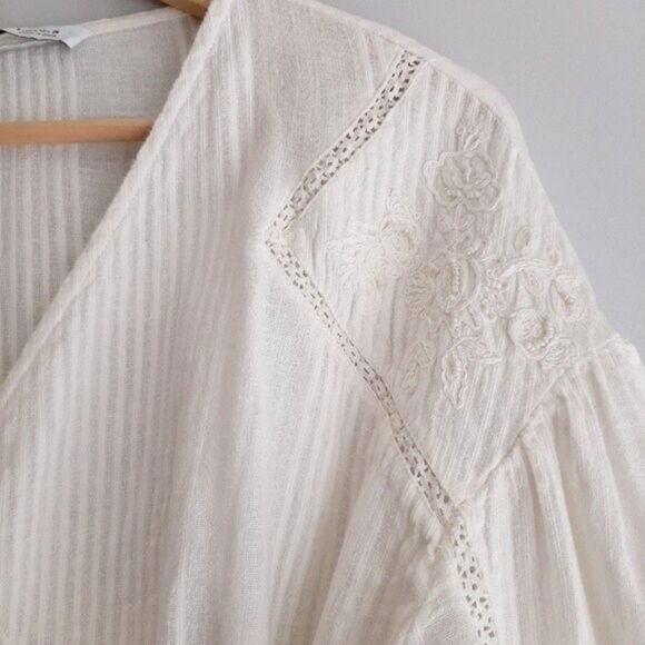 ZARA Cotton Linen Blend Boho Floral Embroidery Wrap Top Sz S - Picture 6 of 13